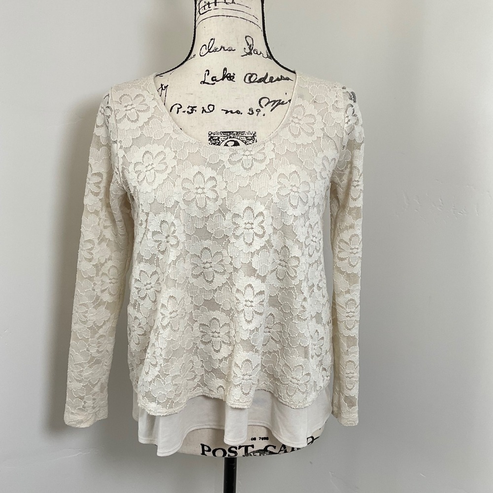 HOLLISTER Ivory Lace Layered Long Sleeve Top Sheer Flower Print S - Picture 1 of 4